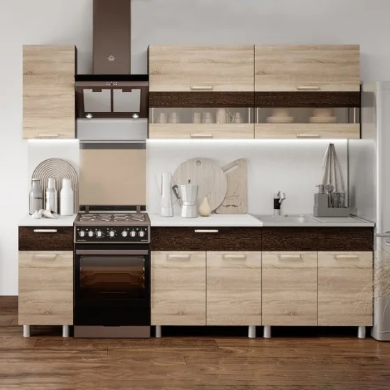 Кухня Монтана напольная деревянная прямая 2,0 м, сонома/венге